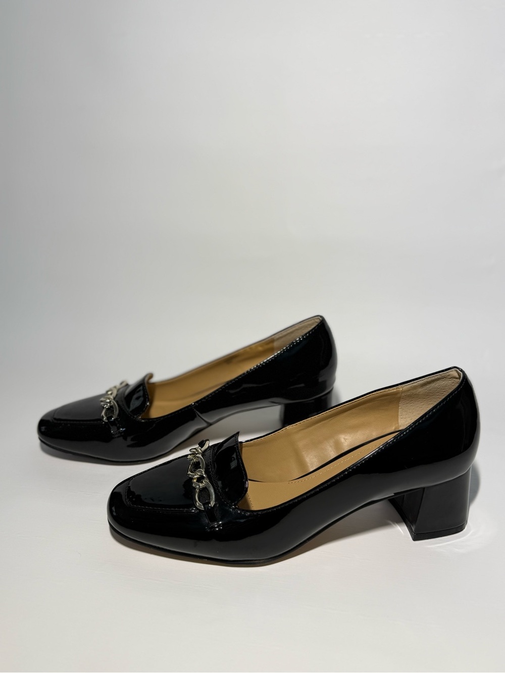 Tahari Women's Black Patent Loafers with Low Block Heel and Chain Accent